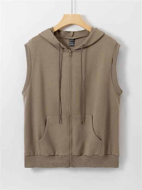 Khaki Pocket Front Sleeveless Hooded Sweatshirt