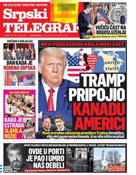 Novine: "Planiraju da otvore pitanje Vojvodine"; "Tramp pripojio Kanadu ...