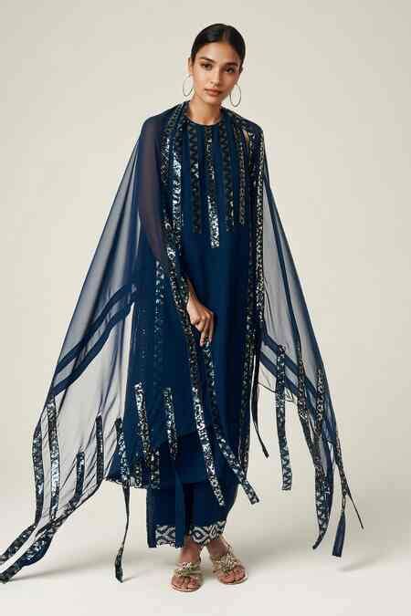 Buy Blue Viscose, Georgette Sequins Geometric Embellished Dupatta For ...