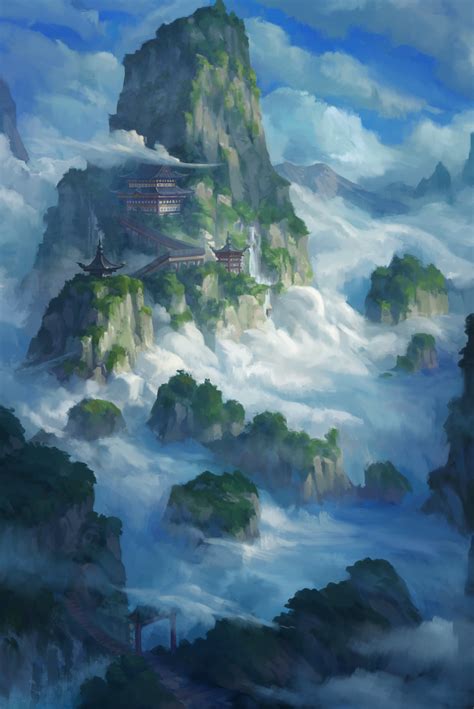 Download wallpaper 1500x2244 pagoda, temple, rocks, fog, art hd background