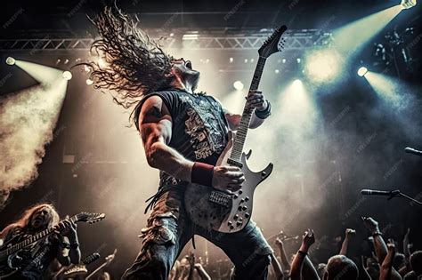 Premium AI Image | Heavy metal guitarist with band in full swing ...