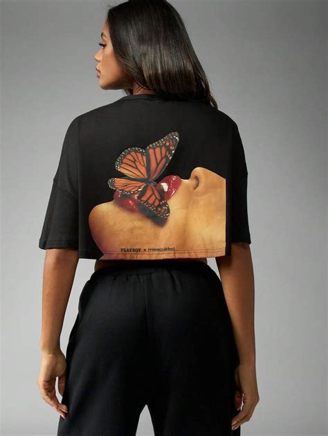Missguided x Playboy MISSGUIDED X Butterfly Kiss Print Cropped T-shirt ...