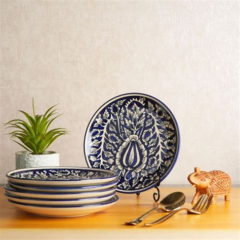Buy Caffeine Ceramic Handmade Blue Mughal Dinner Plate 10" inch(Set of ...