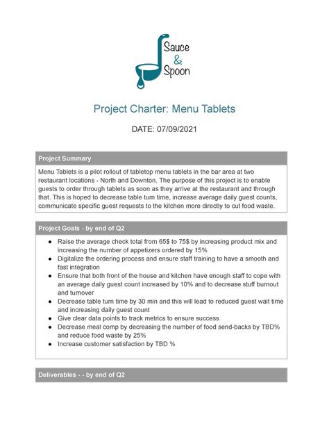 Sauce and Spoon - As a a plan - Project Charter: Menu Tablets DATE: 07 ...