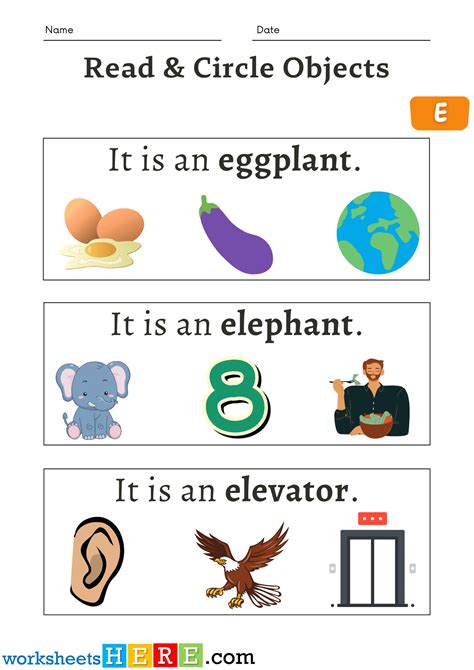 Read Sentences and Circle Objects Starting Letter E Activity Worksheets ...