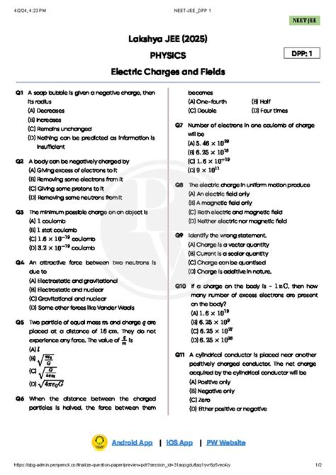 Electric Charges and Field DPP - 4/2/24, 4:23 PM NEET-JEE_DPP 1 - Studocu