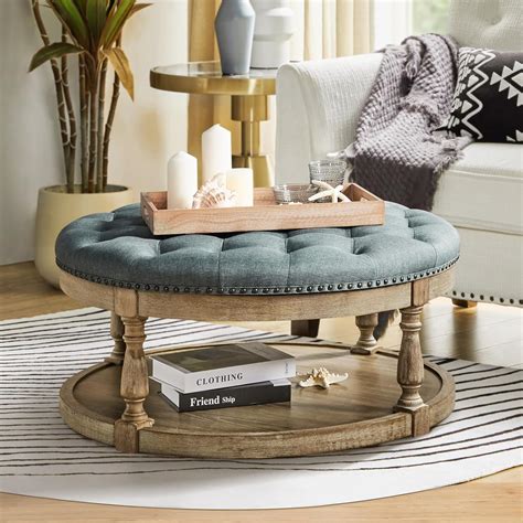 Amazon.com: HULALA HOME Round Ottoman Coffee Table, 2-Tier Large Button ...