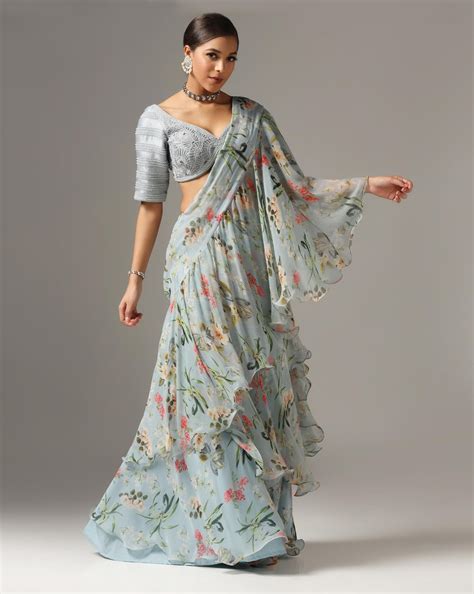 Light Blue Chiffon Printed Pre-Stitched Frilled Saree Set – Yashodhara