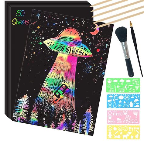 Scratch Paper Art Set,50 Sheets 8x11in Rainbow Coated Scratchboard ...