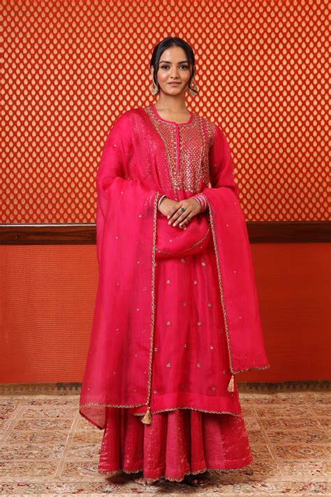 Hand Embroidered Rani Pink Pure Silk Organza Kurta Sharara Set