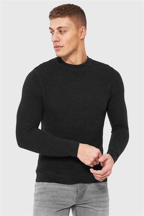 Muscle Fit Waffle Stitch Jumper | boohoo