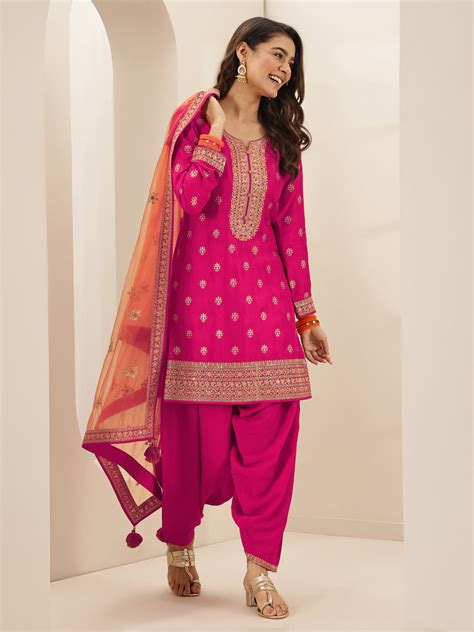 Buy Pink Self Design Silk Blend Straight Suit Sets With Dupatta Online ...