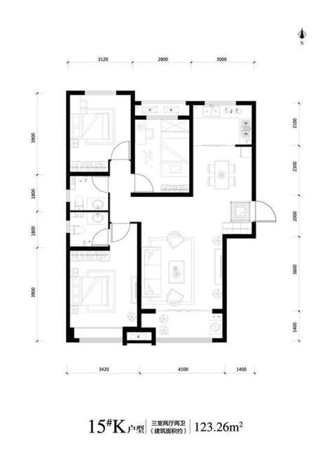 邢台皓顺华悦城15#K户型 三室两厅两卫 建筑面积约123.26㎡户型图_首付金额_3室2厅2卫_123.26平米 - 吉屋网