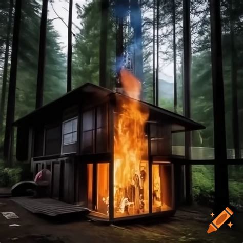 Burning wooden house in summer woods on Craiyon