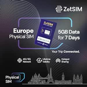 ZetSIM Europe SIM Card | 5GB Data for 7 Days | 5G/4G LTE Prepaid Travel ...