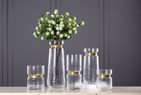 欧式简约金属铜环玻璃花瓶复古做旧金边水波纹透明水培花器摆件-阿里巴巴