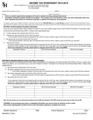 Fillable Online shsu INCOME TAX WORKSHEET 2014-2015 - shsu Fax Email ...