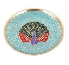 Blue Meenakari Brass Plate With Peacock Design