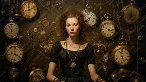 Premium AI Image | a woman sits in front of a clock that says " she is ...