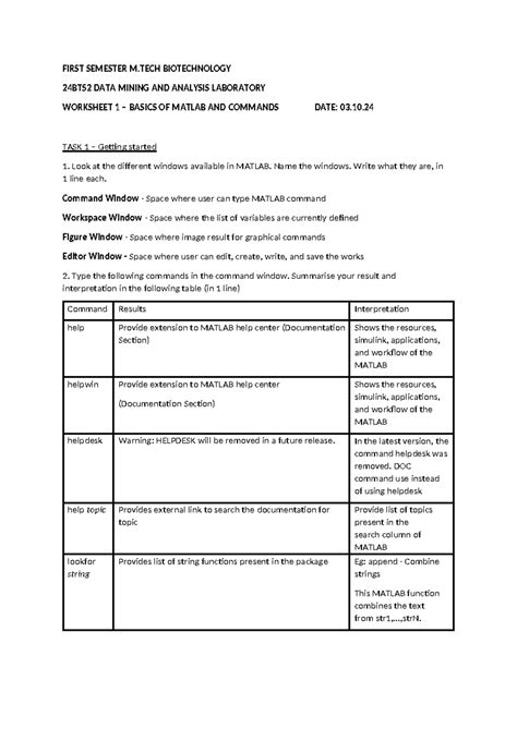 Matlab Worksheet 1 - notes - FIRST SEMESTER M BIOTECHNOLOGY 24BT52 DATA ...
