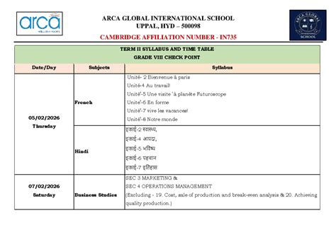 ARCA GLOBAL INTERNATIONAL SCHOOL GRADE VIII CHECKPOINT TA2 SYLLABUS ...