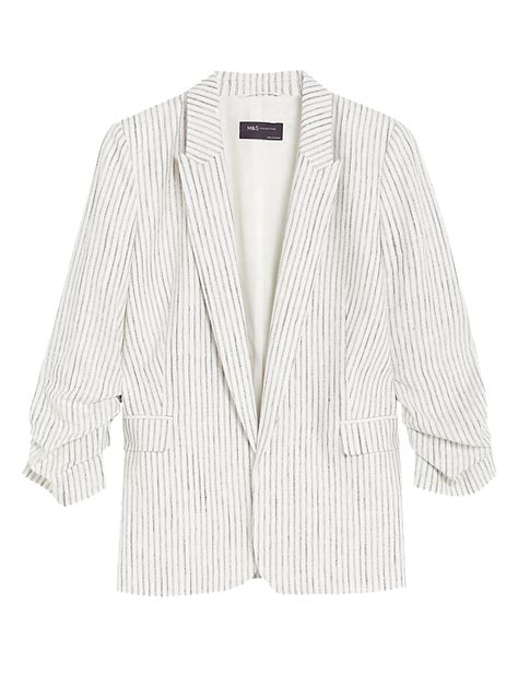 Buy Linen Blend Striped Ruched Sleeve Blazer at Marks & Spencer