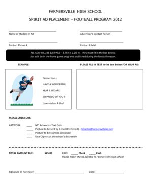 Fillable Online FARMERSVILLE HIGH SCHOOL SPIRIT AD PLACEMENT - FOOTBALL ...