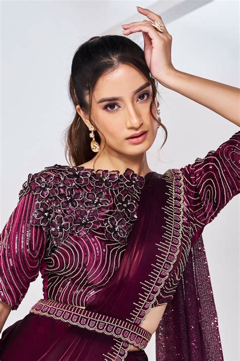 Buy Wine Embroidery Satin Saree zb133208 | Saree Buta