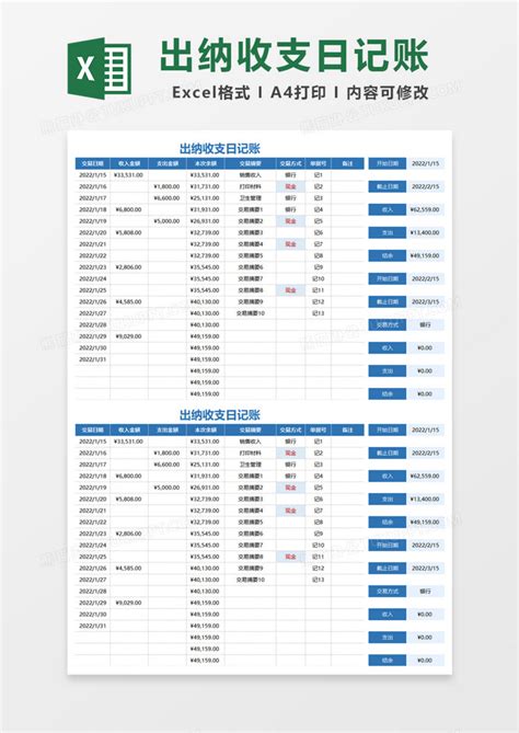 简明出纳收支日记账Excel模板下载_熊猫办公