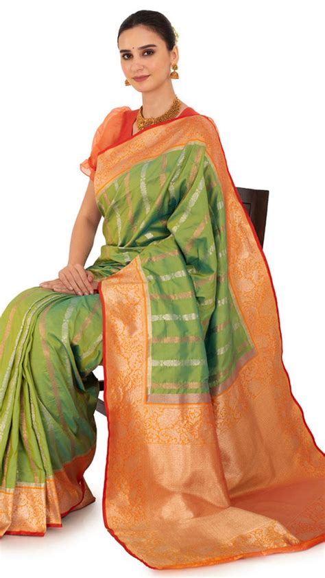 Mossy Green Katan Silk Saree with Orange Golden Border | Drape Divaa