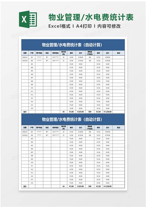 物业管理水电费统计表Excel模板下载_熊猫办公