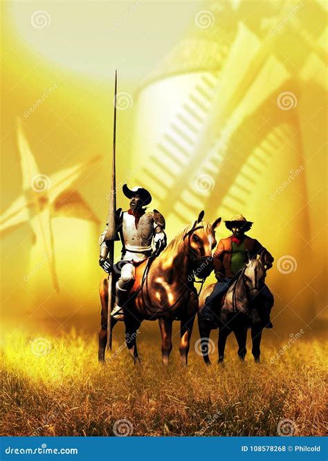 Don Quixote, Sancho Panza and the Windmills Stock Illustration ...