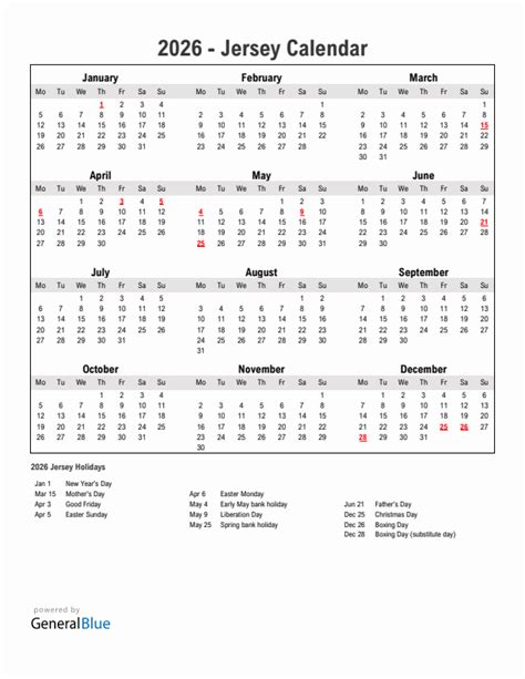 Jersey 2026 Calendar with Holidays