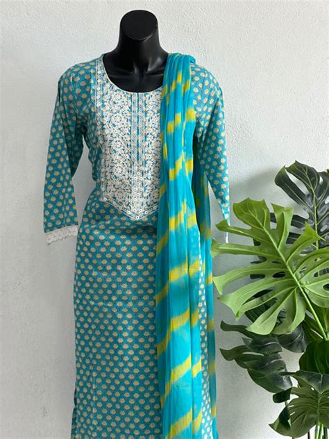 Neck emb printed cotton suit set – VIKA Boutique
