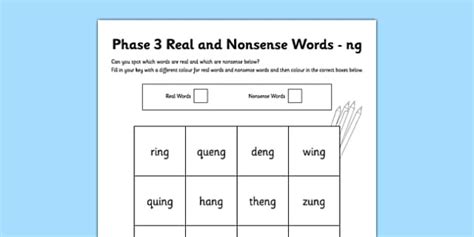 Phase 3 ng Colour by Phoneme Real and Nonsense Words Worksheet / Worksheet
