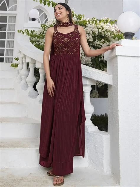Buy Maroon Sequined Georgette Readymade Palazzo Suit From Ethnic Plus ...