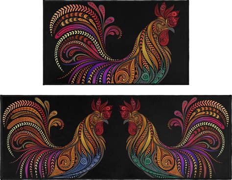 2 Pcs Rooster Kitchen Rugs and Mats, Colorful Chicken Kitchen Decor Non ...