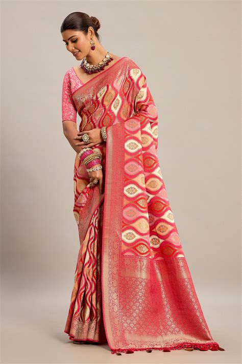Pink and Multi Colored Satin Silk Woven Saree – Asopalav.in