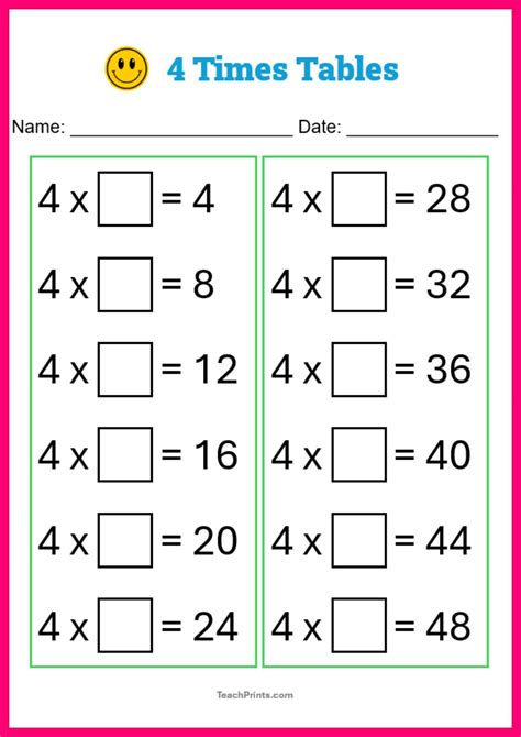 Free Four Times Tables Worksheets (8 Versions) - Teach Prints