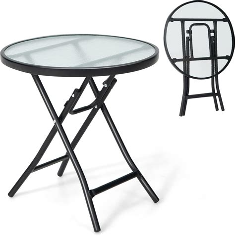 COSTWAY 59cm Folding Garden Side Table, Tempered Glass Top Small Patio ...