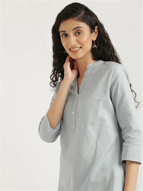 Women Sky Blue Airy Linen Short Kurta & Grey Cotton Pant Set