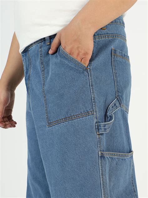Plus Men's Light Blue Loose Baggy Fit Carpenter Cargo Jeans With 6 Poc ...