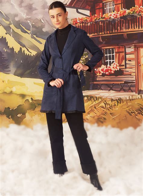 Navy button up suede coat with lapel collar and belt – Lakshita