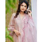 Pink Lace Work Chanderi Kurta with Pants- Set of 2