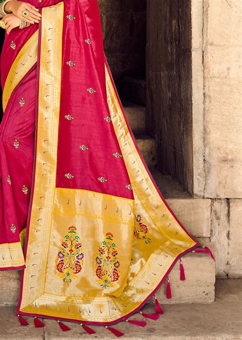Shop Cut Dana Hand Work Embroidery Red Paithani Silk Saree Online – Sunasa