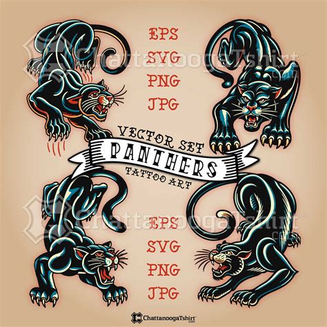 Old School Panther Tattoo Vector Set: Crawling Black Panther Flash ...