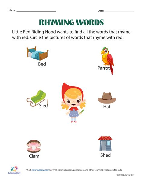 Rhyming Words Free Printable Worksheet - Coloring Pages