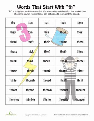Words That Start With Th | Worksheet | Education.com