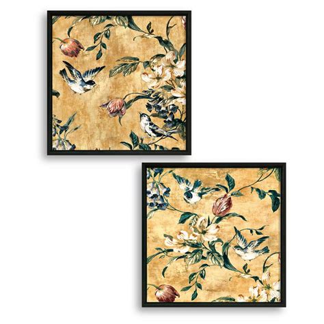 Set of 2 Bird Floral Theme with Beige Color Background Framed Canvas P ...