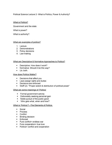 Polisci Lecture 2 - For Prof Nig Narain - Political Science Lecture 2- What is Politics, Power ...